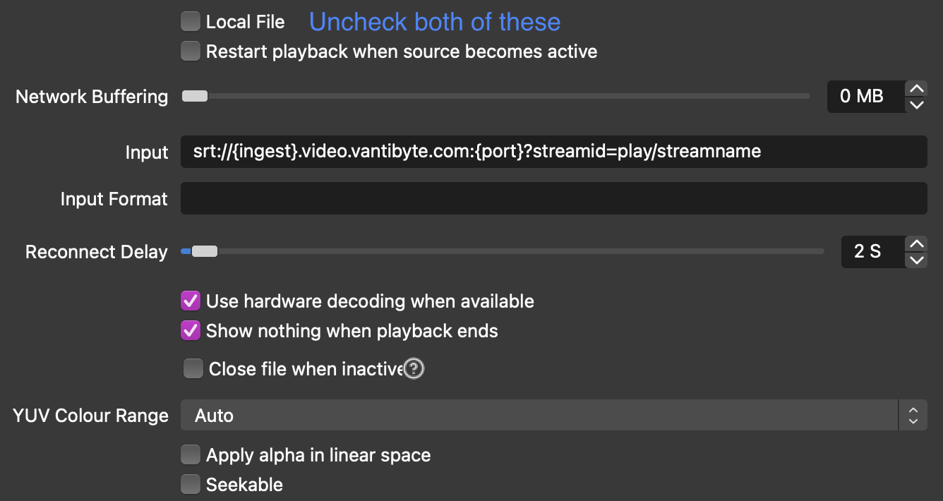 OBS Media source settings, with the SRT stream URL entered