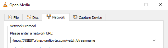 VLC Media Player "Open Media" dialogue, with the RTMP stream URL entered